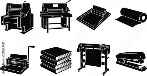 Quadro su tela Commercial printing press and bookbinding machinery black vector silhouette icon