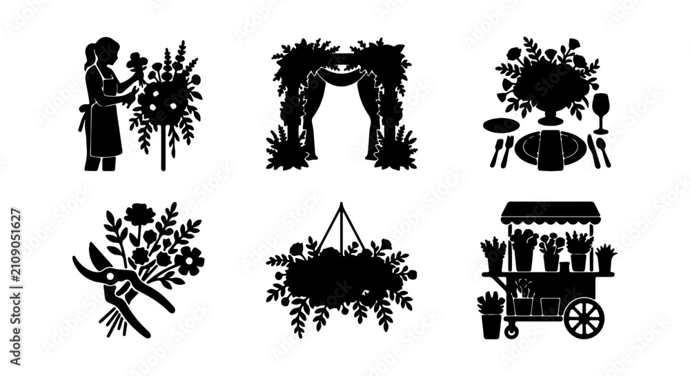 Obraz premium Floral Design Icons: Florist, Wedding Arch, Table Setting, Bouquet, Hanging Planter, Flower Cart