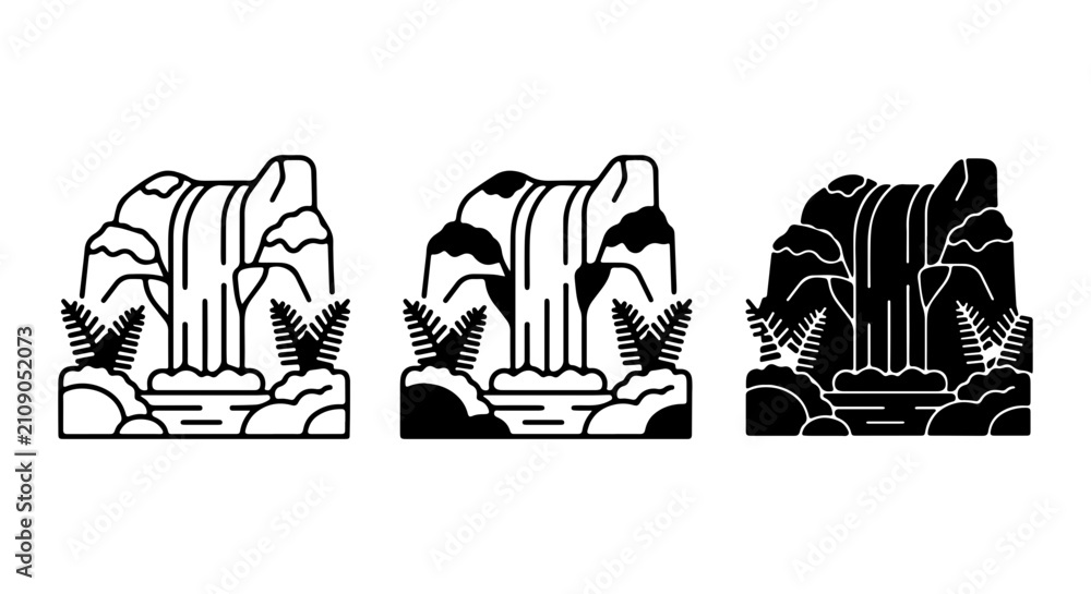 Fototapeta premium Waterfall Icons Set, Nature Landscape Elements, Outdoor Scenic Views, Vector Graphics