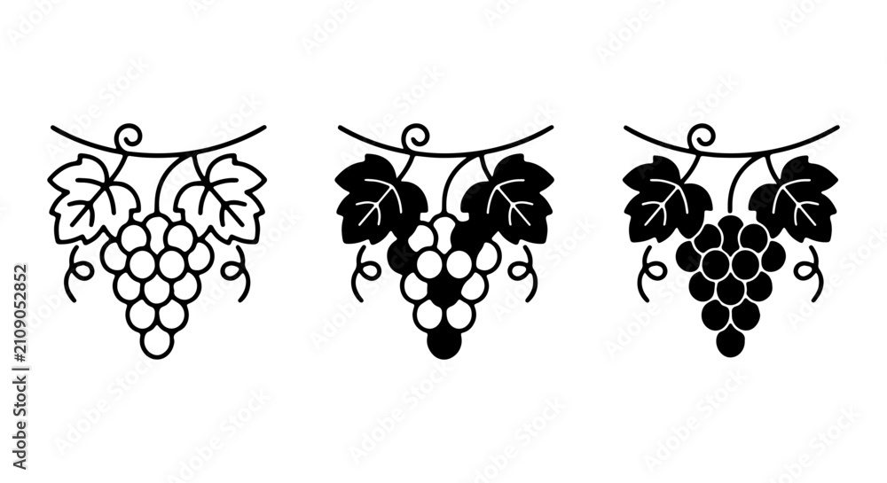 Obraz premium Grapevine Vector Icons, Vineyard Fruit Clusters, Organic Harvest Elements, Winery Design Assets