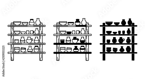 Ceramic Pottery Shelving Units, Handcrafted Vessels Display, Rustic Kitchen Storage, Vector Art