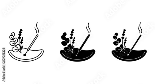 Incense Stick Holder Vector Icons, Aroma Burner Line Art, Zen Meditation Symbols, Relaxation Ritual Elements