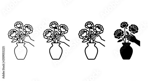 Floral Arrangement Icon Set, Hand Arranging Roses in Vase, Line Art and Silhouette Styles
