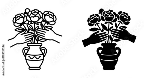Hands Arranging Peonies in Vase, Floral Care Icon Set, Vector Illustration