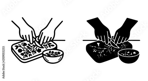 Chopping Food on Cutting Board, Hands Preparing Ingredients, Culinary Preparation Icons