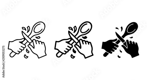 Kitchen Utensil Care Icons: Hand Washing Spoon and Knife, Cleaning Tools Set, Food Prep Safety