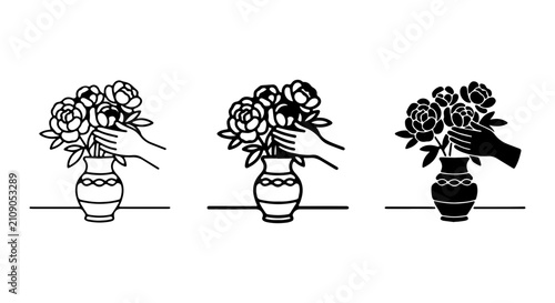 Hand Arranging Flowers in Vase Vector Icons, Floral Bouquet Arrangement Set, Botanical Illustration Elements