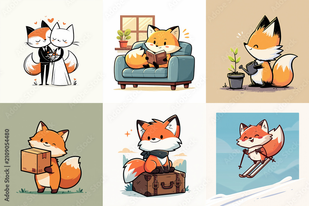 Fototapeta premium Cute fox illustration fox character animal illustration cartoon fox fluffy fox orange fox sitting fox reading fox