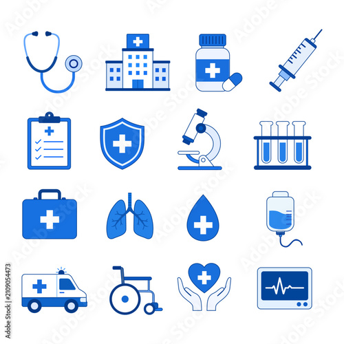 Blue Medical and Healthcare Icon Set Collection Flat Line Vector Illustration