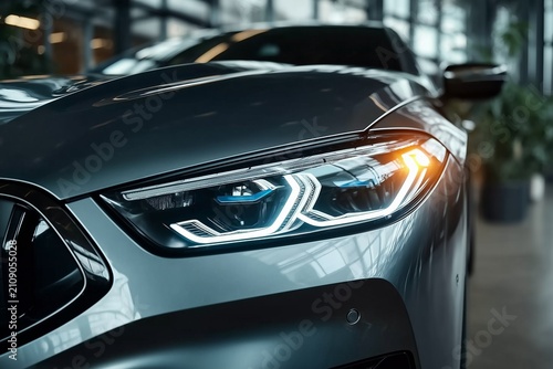 Close-up of a sleek luxury car headlight glowing in a modern showroom with reflective bodywork