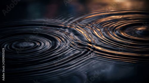 Abstract dark water surface with golden concentric ripple patterns.