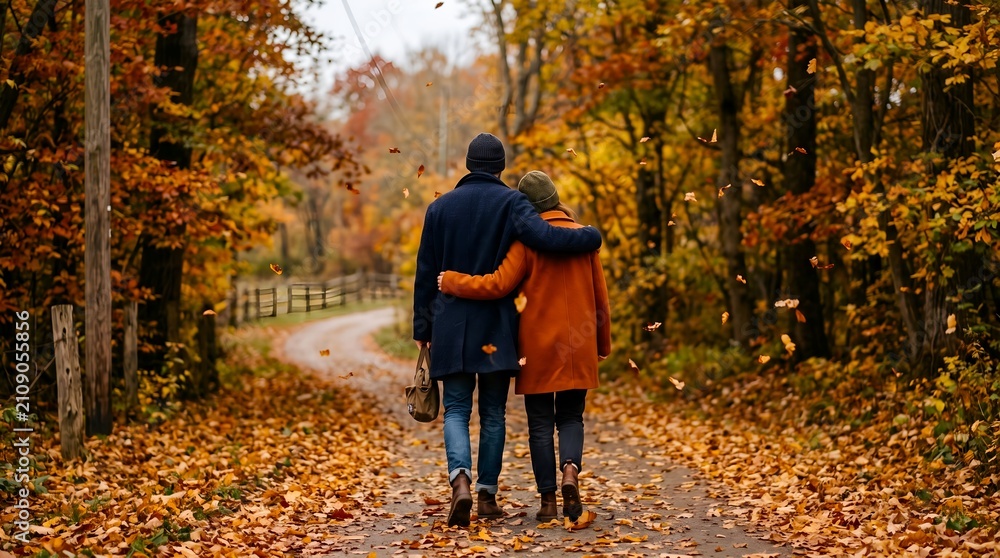 Fototapeta premium Couple Walking Down a Scenic Autumn Path in Cozy Fall Clothing