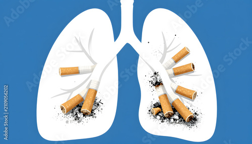 Abstract vector illustration of a human lung made from cigarettes on a white background, symbolizing smoking addiction, lung disease and tobacco health risks.