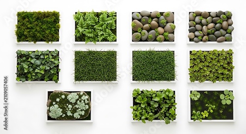 Set of ten green moss and plant wall texture samples isolated on white