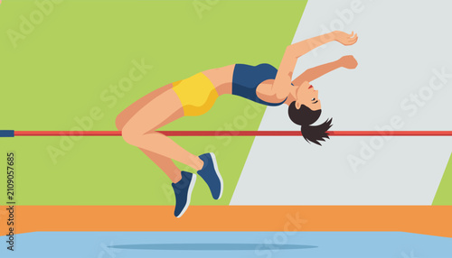 Female athlete in sports gear successfully performs a high jump over a red bar on an outdoor track during a competition.