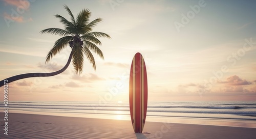 Surfboard on a Tropical Beach at Sunset with Palm Tree and Ocean Waves.