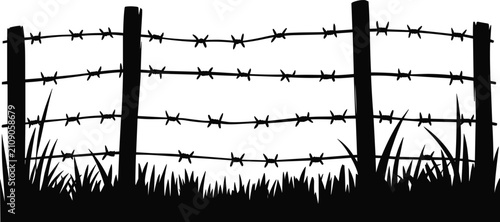 Canvas Print Barbed wire fence silhouette, rural security barrier isolated vector illustratio