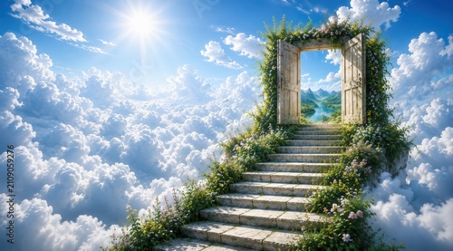 Open Heavenly Door Above the Clouds with Stone Stairway