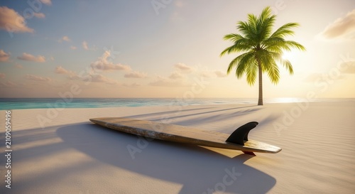 Surfboard resting on pristine white sandy beach at sunset.