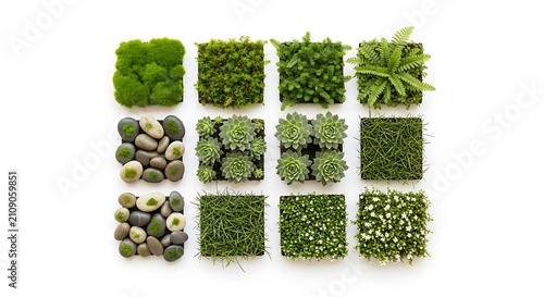 Set of twelve square samples of green moss and stone wall textures