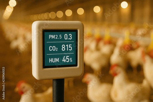 Air quality monitor displaying PM2.5, CO2, and humidity readings inside poultry farm with blurred chicken coop background and warm indoor lighting