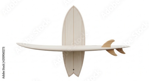 Surfboard with fins on a white background.
