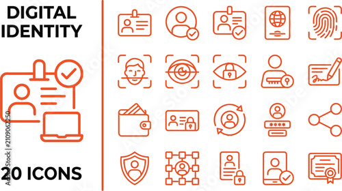 Set of twenty digital identity and cybersecurity icons featuring biometric verification, password protection, and secure user authentication.