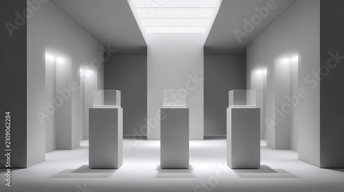 Minimalist white gallery space with pedestals and overhead lighting