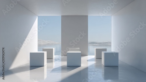 Minimalist white room with six cube platforms and a serene landscape view