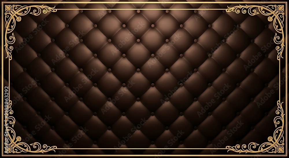 Obraz premium Luxurious dark brown tufted leather background with ornate gold frame