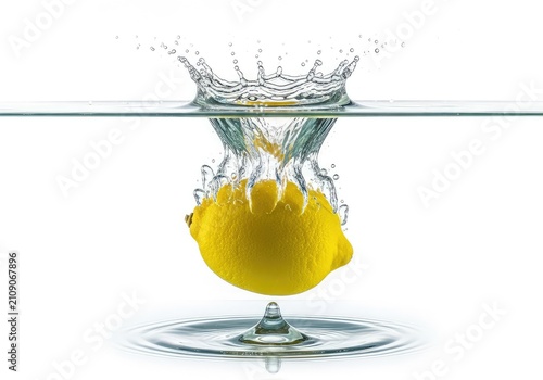 Fresh yellow lemon fruit falling into clear crystal water, creating a dramatic splash with transparent droplets on a white background, wet, impact, organic