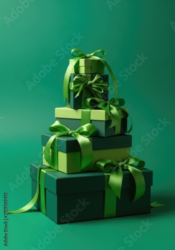 Multiple monochromatic green gift boxes with silky bows are stacked on a vibrant emerald backdrop, creating a sophisticated holiday scene, package, vibrant, paper