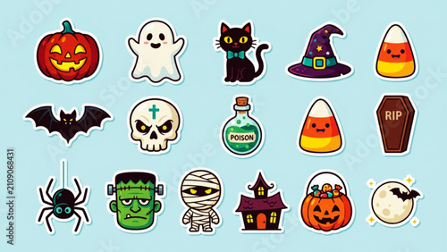 Fun Halloween sticker collection with spooky monsters and festive icons.
