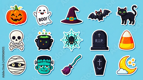 Halloween sticker set with cute pumpkin ghost and spooky character icons.
