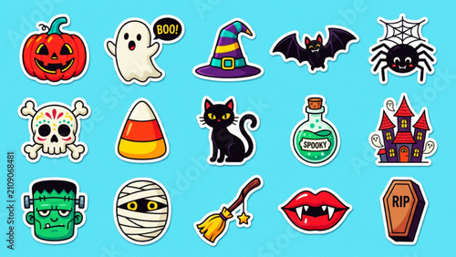 Spooky Halloween sticker set with cute monsters and holiday elements.