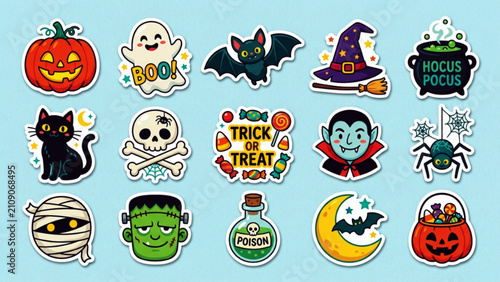 Festive Halloween sticker pack with cute monsters and holiday symbols.