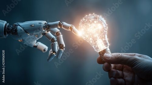 Robot and human hands touching over ai big data network with glowing brain light bulb, futuristic artificial intelligence, machine learning and innovation technology