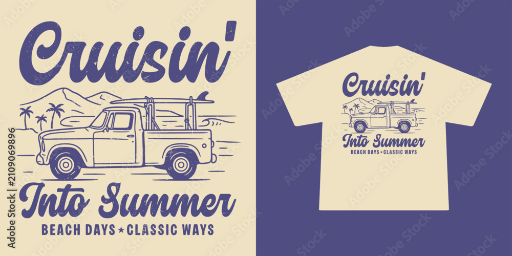 Obraz premium Vintage Pickup Truck T-Shirt Design with surfboard. Classic Style Typography