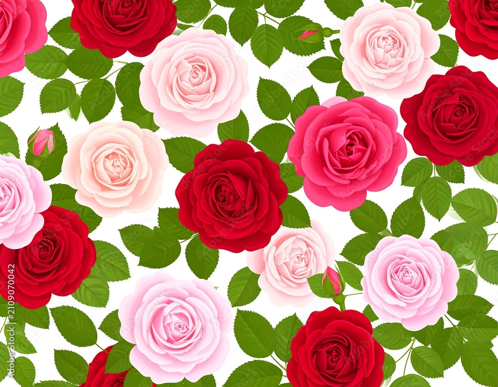Obraz premium A vibrant seamless pattern showcasing a collection of lush roses in various shades of red and pink, interspersed with green leaves