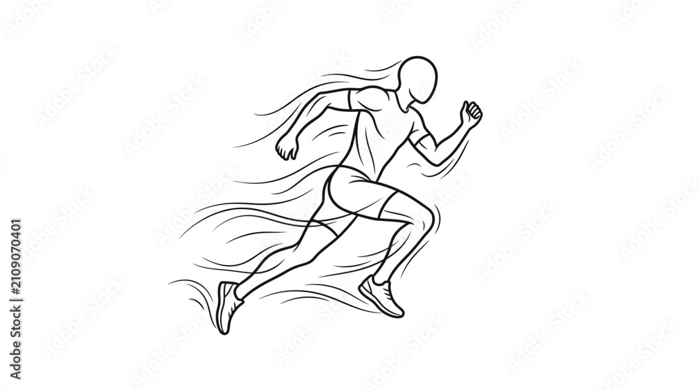 Fototapeta premium Minimalist outline drawing of a running man showing speed and motion with flowing lines on white background