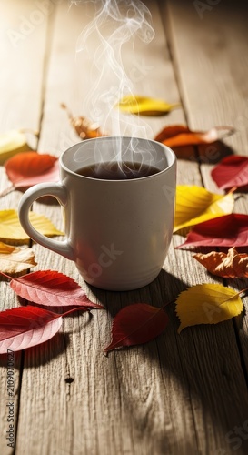 A steaming ceramic mug sits on a rustic wooden table surrounded by vibrant autumn leaves, illuminated by gentle morning sun and soft shadows, table, mood, indoor