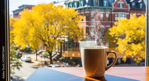 A steaming mug sits on a wooden table near a window, showcasing a vibrant urban street lined with golden autumn trees and brick buildings, urban, steam, brick