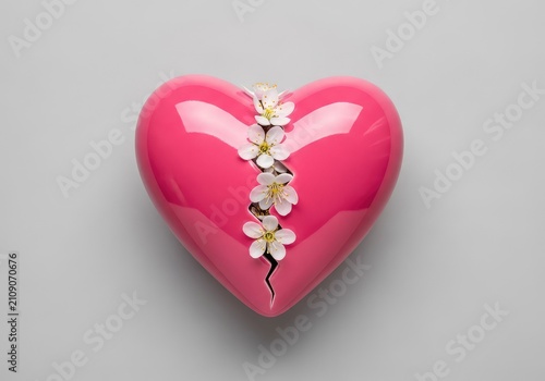 A stylized pink ceramic broken heart lies on a neutral background, featuring delicate spring flowers blooming from the central crack, art, pink, creative