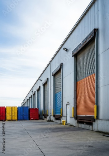 A wide-angle view of a massive industrial warehouse featuring tall roll-up doors and several metal storage units located on the exterior, architecture, logistics, exterior