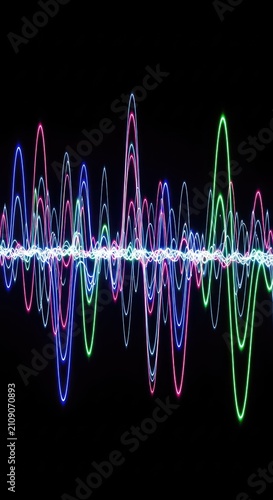 Abstract vibrant neon light trails ripple across a dark void, forming a rhythmic optical illusion that mimics a pulsating audio frequency, pulse, sonic, depth