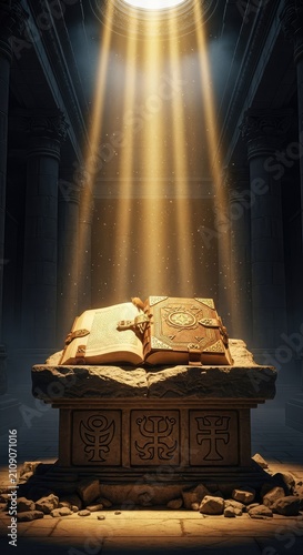 An ancient sacred book rests upon a stone ritual altar within a majestic temple, illuminated by powerful beams of golden celestial light, ancient, illumination, prayer