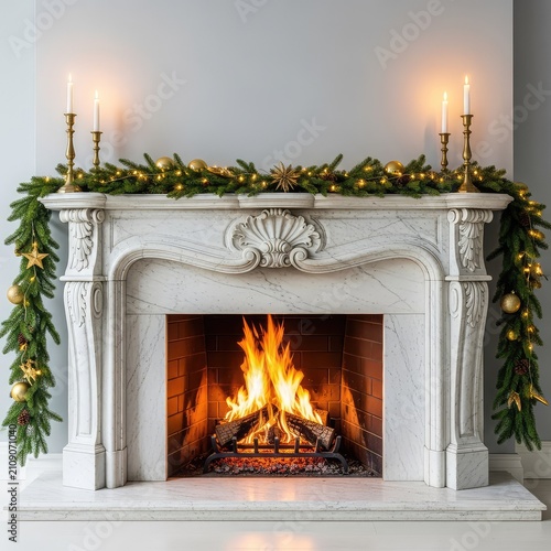 An elegant marble fireplace glows with a warm, roaring fire, adorned with lush evergreen garlands, golden ornaments, and glowing lights, gold, fireplace, baubles