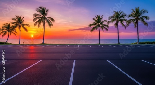 An empty asphalt parking lot overlooks a calm blue ocean under a vibrant sunset sky with tall tropical coconut palm trees on the edge, scenic, parking, seaside