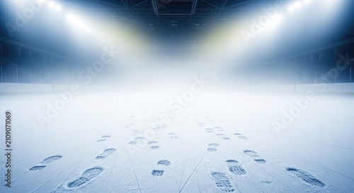 An empty indoor sports arena displays a cold ice rink shrouded in thick fog with visible footprints leading across the frozen white ground, seats, lonely, blue