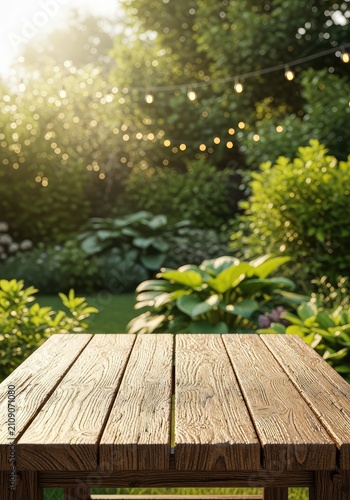 An empty rustic wood table sits in a sunny backyard with soft bokeh string lights and green plants, ideal for a seasonal summer party scene, decorative, patio, atmosphere